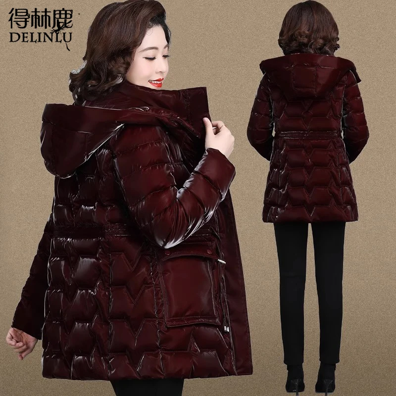 亮面免洗保暖棉服中长款中年妈妈冬装外套洋气中老年女装秋冬棉袄