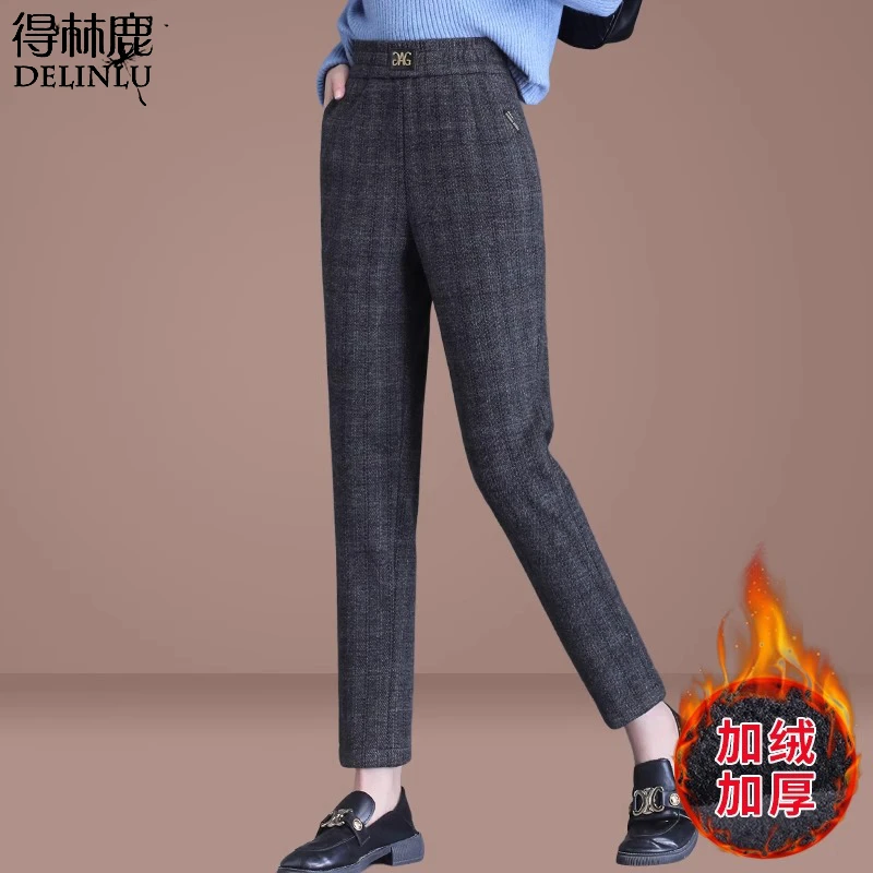 妈妈加绒加厚裤子外穿秋冬洋气2024新款中老年女冬装休闲羊毛呢裤