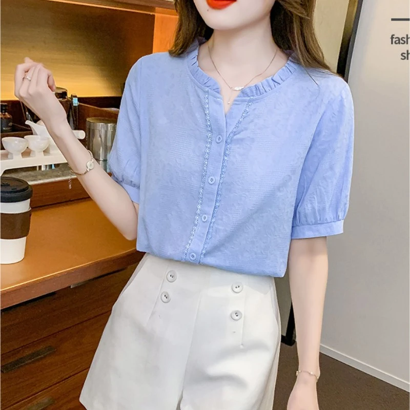 【运补6-8】100%棉 夏季新款木耳领棉衬衫洋气提花刺绣上衣女短袖