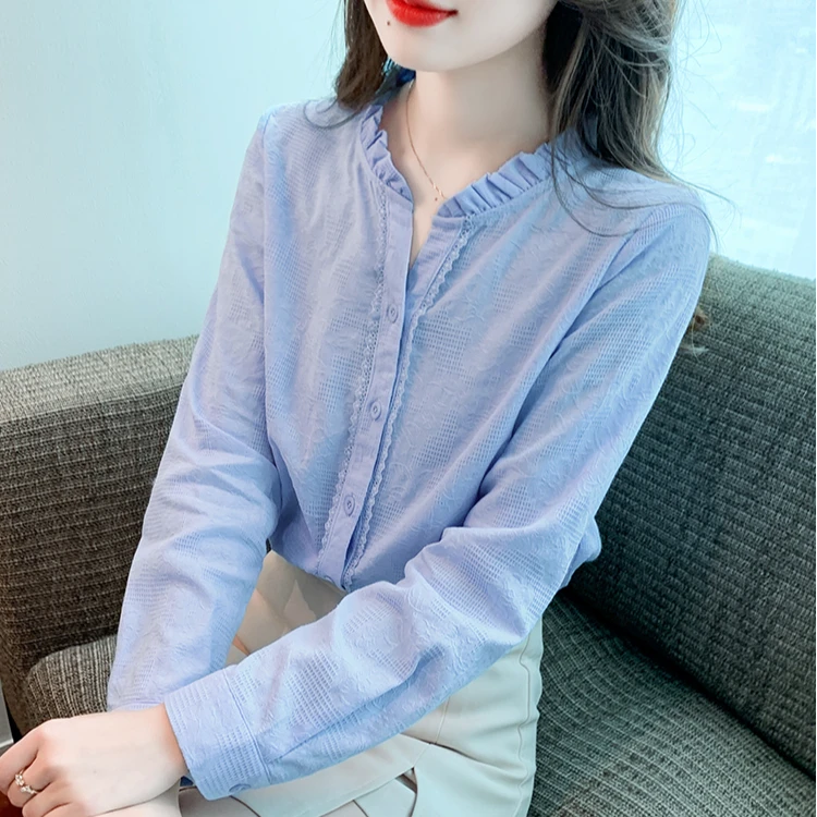 立领长袖纯棉衬衫女秋装2025春季新款洋气设计感百搭女士上衣小衫