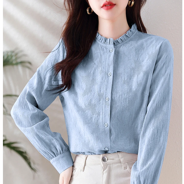 木耳边女士纯棉衬衫2024新款早秋装时尚高端减龄内搭上衣洋气小衫