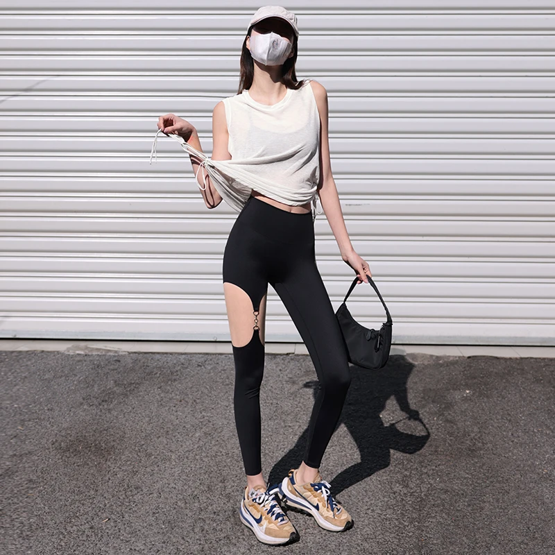 宋站性感镂空瑜伽裤女紧身高腰健身裤网红新款长裤户外跑步运动裤