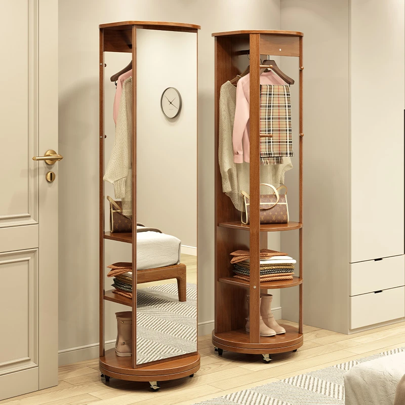 全身穿衣镜实木挂衣架储物收纳柜一体家用可旋转网红落地试衣镜子