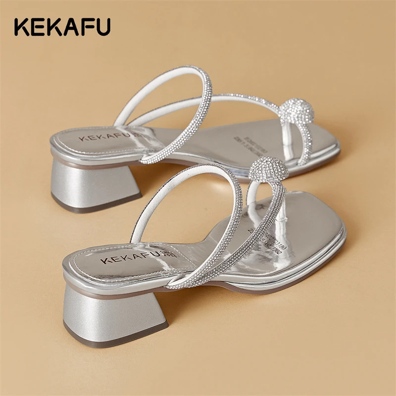 珂卡芙粗跟套趾拖鞋2025夏季新款水钻仙女风外穿气质百搭女士凉拖