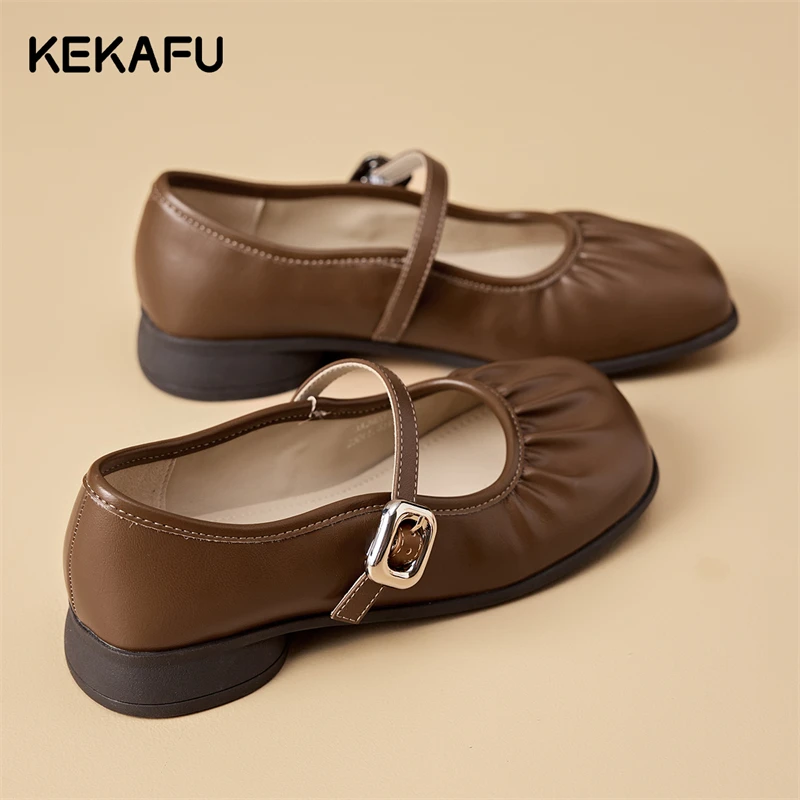 珂卡芙法式褶皱芭蕾单鞋2025秋季新款时尚浅口玛丽珍鞋低跟小皮鞋