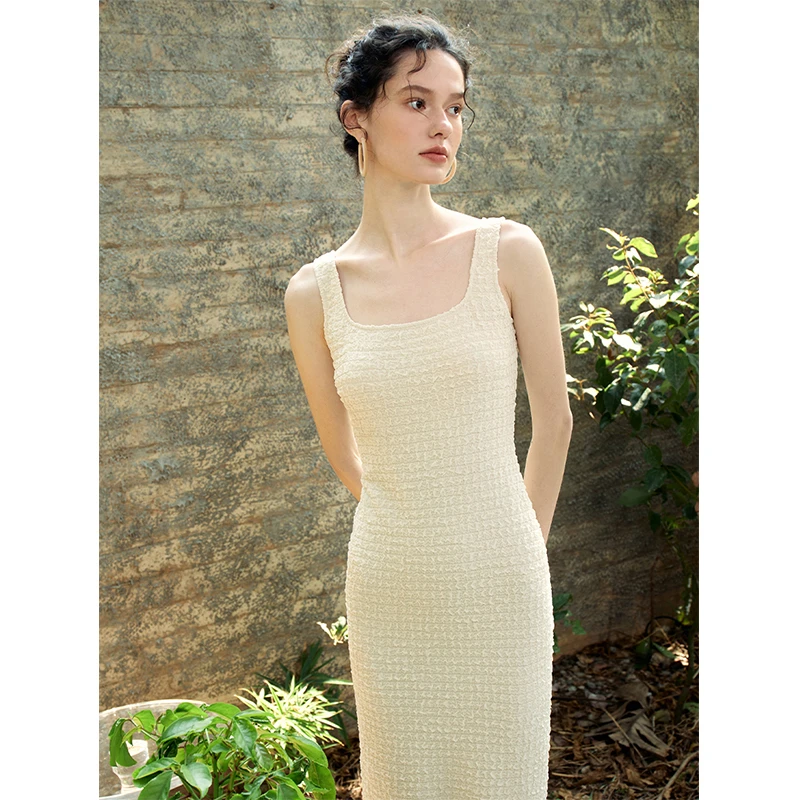 Mix Selection｜泡芙奶白 方领收腰新款中长无袖背心裙MSDHQ0588