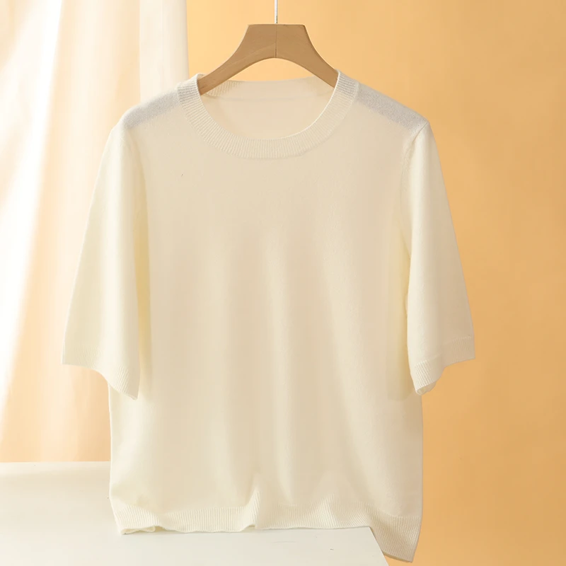 【出口品质】简约休闲百搭100小山羊绒36支女圆领短袖套头衫