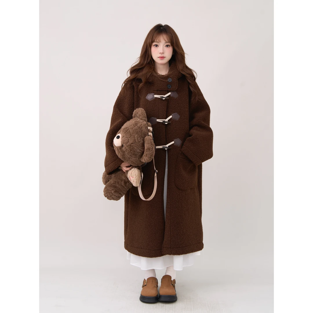 韩版可爱羔羔毛连帽冬保暖外套宽松长款小个子慵懒风牛角扣9830