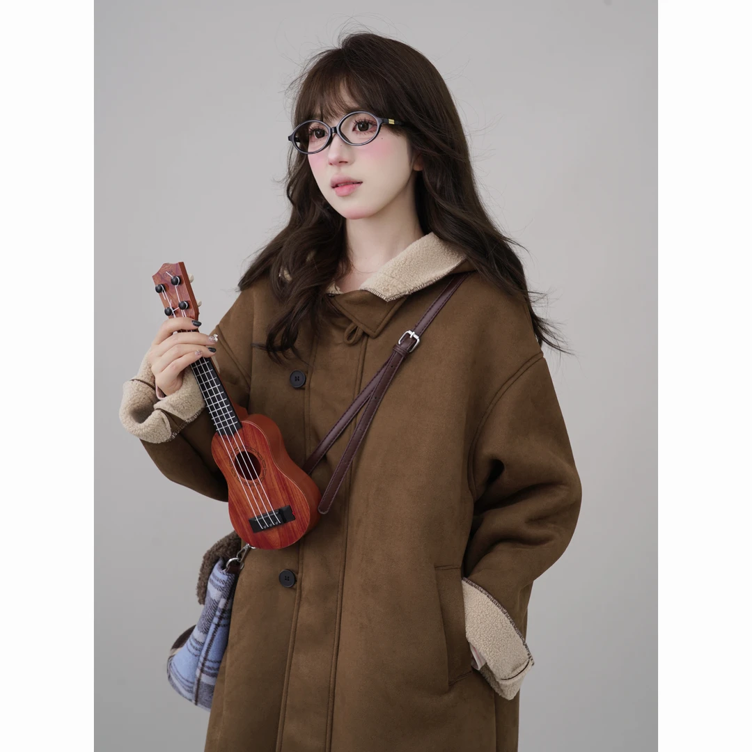 韩版连帽羔羔毛小个子外套女冬保暖复古长款大衣3886