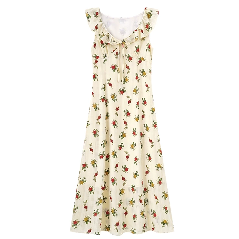 （年中清清）法式玫瑰连衣裙女夏季系带修身A字长裙2927