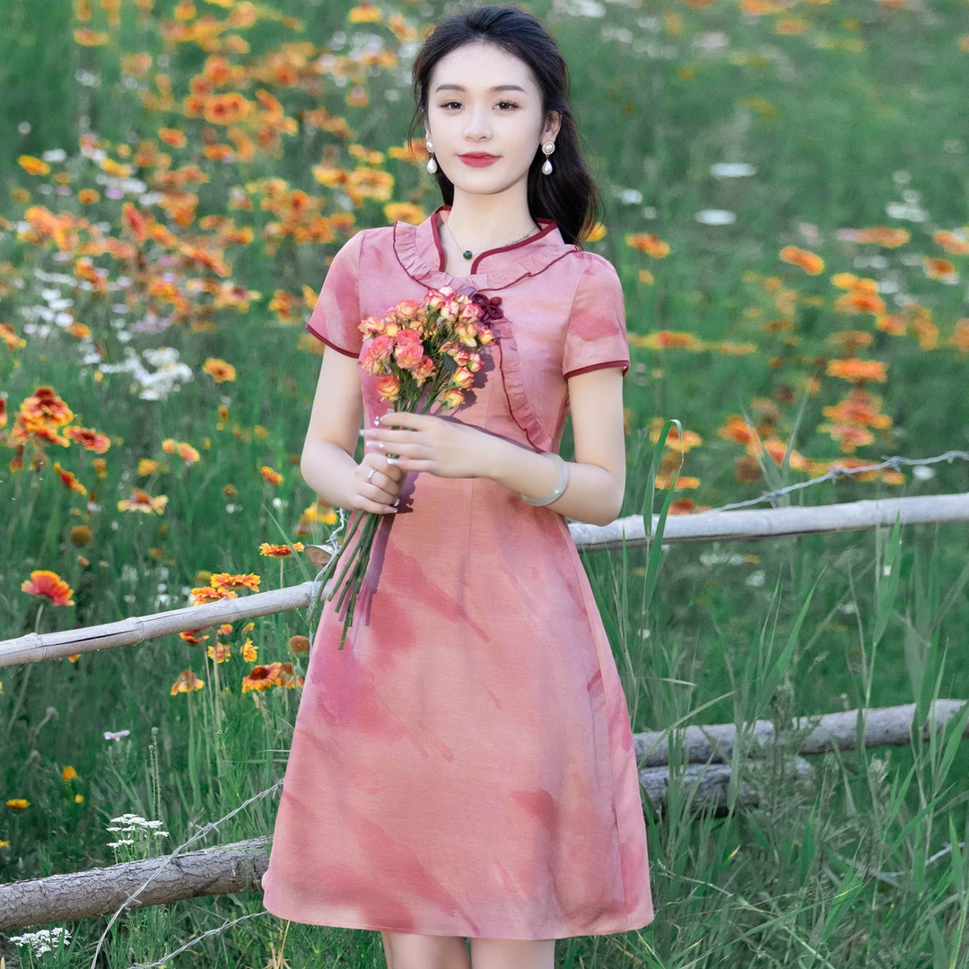 烟花烫新中式复古文艺改良旗袍夏季气质印花收腰显瘦连衣裙 驰丽
