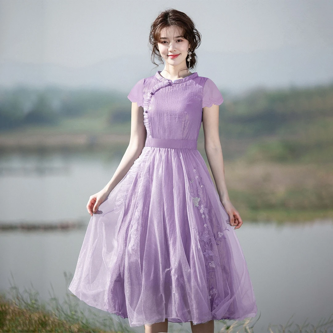 烟花烫新中式网纱连衣裙夏季气质收腰显瘦大摆紫色仙女裙子 化雪
