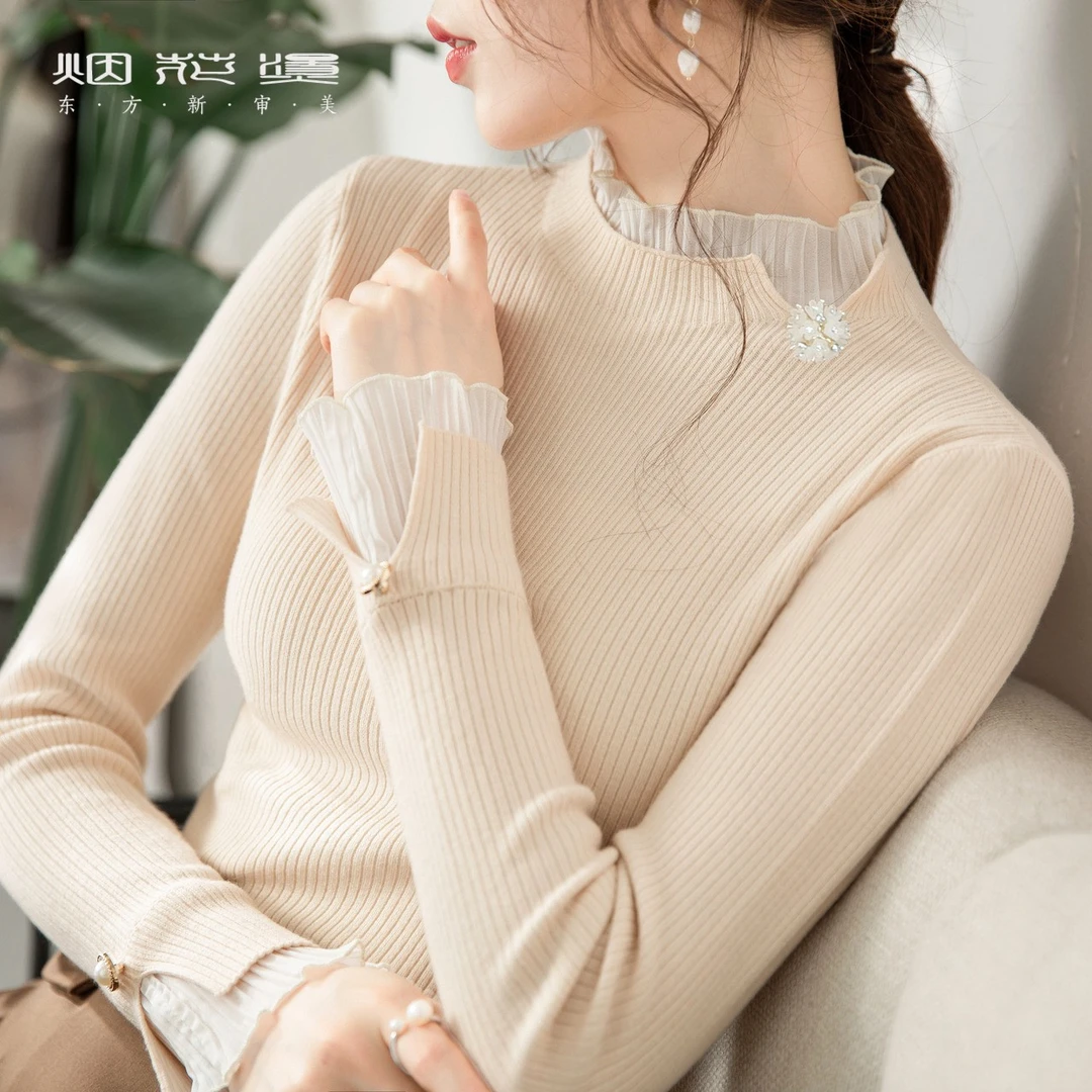 烟花烫百搭针织衫女纯色半高领修身显瘦打底衫毛衣上衣 枫江