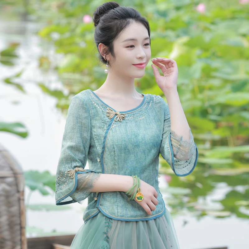 烟花烫国风绿色衬衫女春季复古气质显瘦盘扣七分袖中式上衣 暮涛