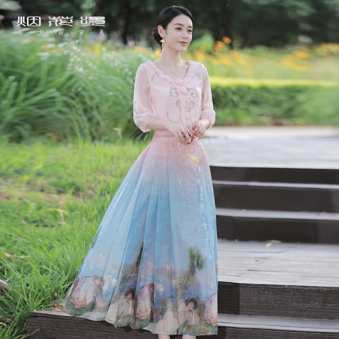 烟花烫国风v领雪纺衫女夏季新款刺绣复古气质新中式衬衫上衣 永丰