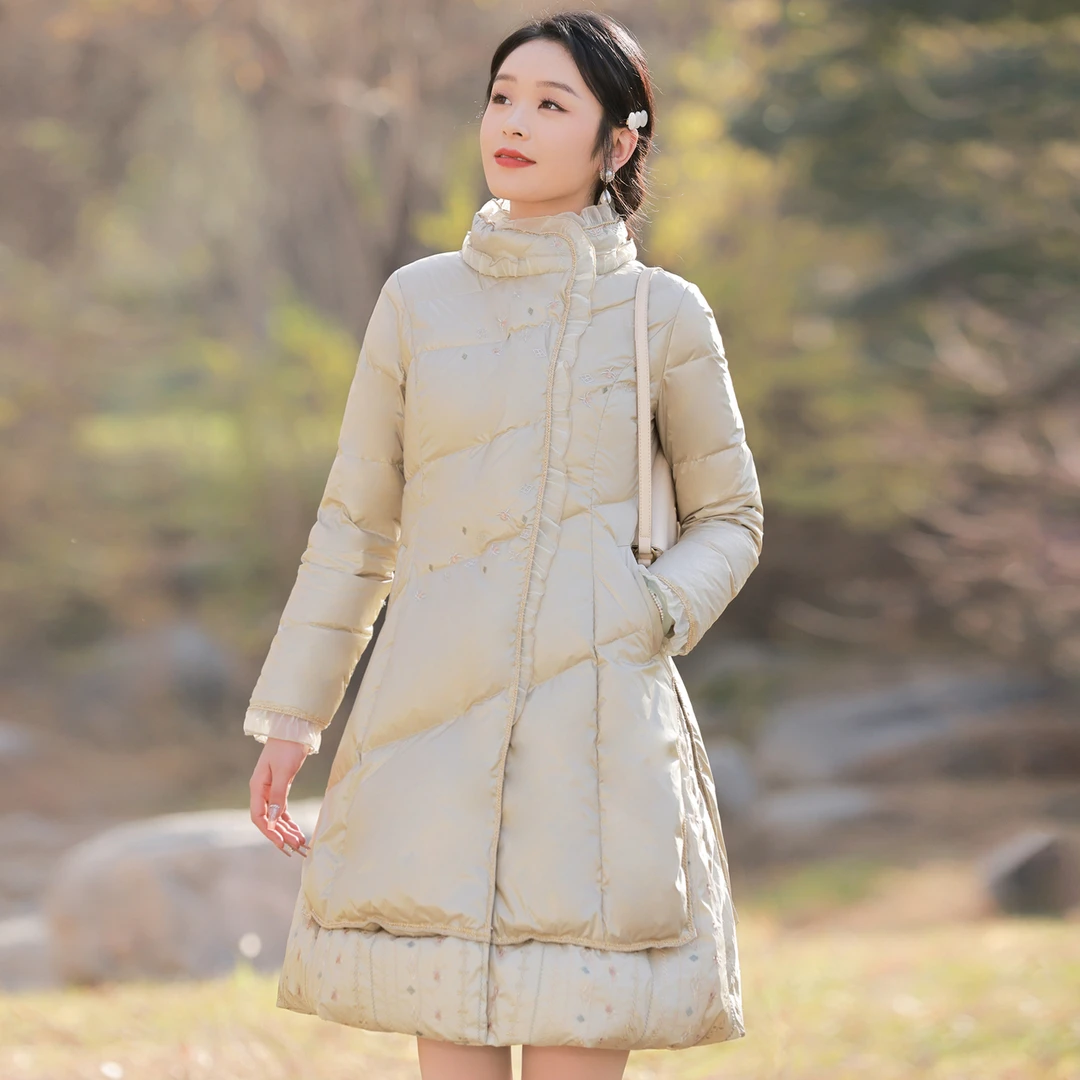 烟花烫中式立领羽绒服女冬季国风刺绣中长款加厚保暖外套 琨羽