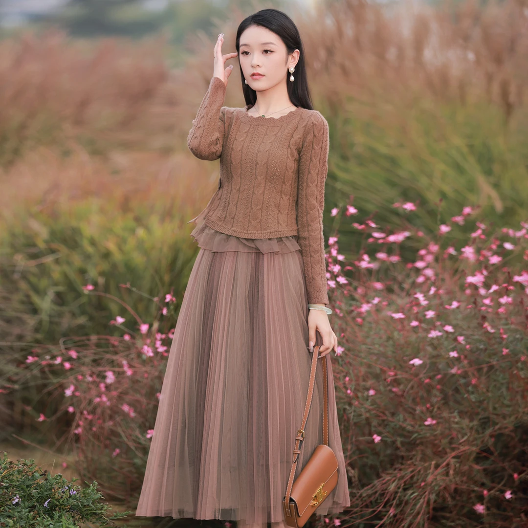 烟花烫咖色网纱半身裙春季美拉德气质松紧腰中长款高腰a字裙 蓓萌