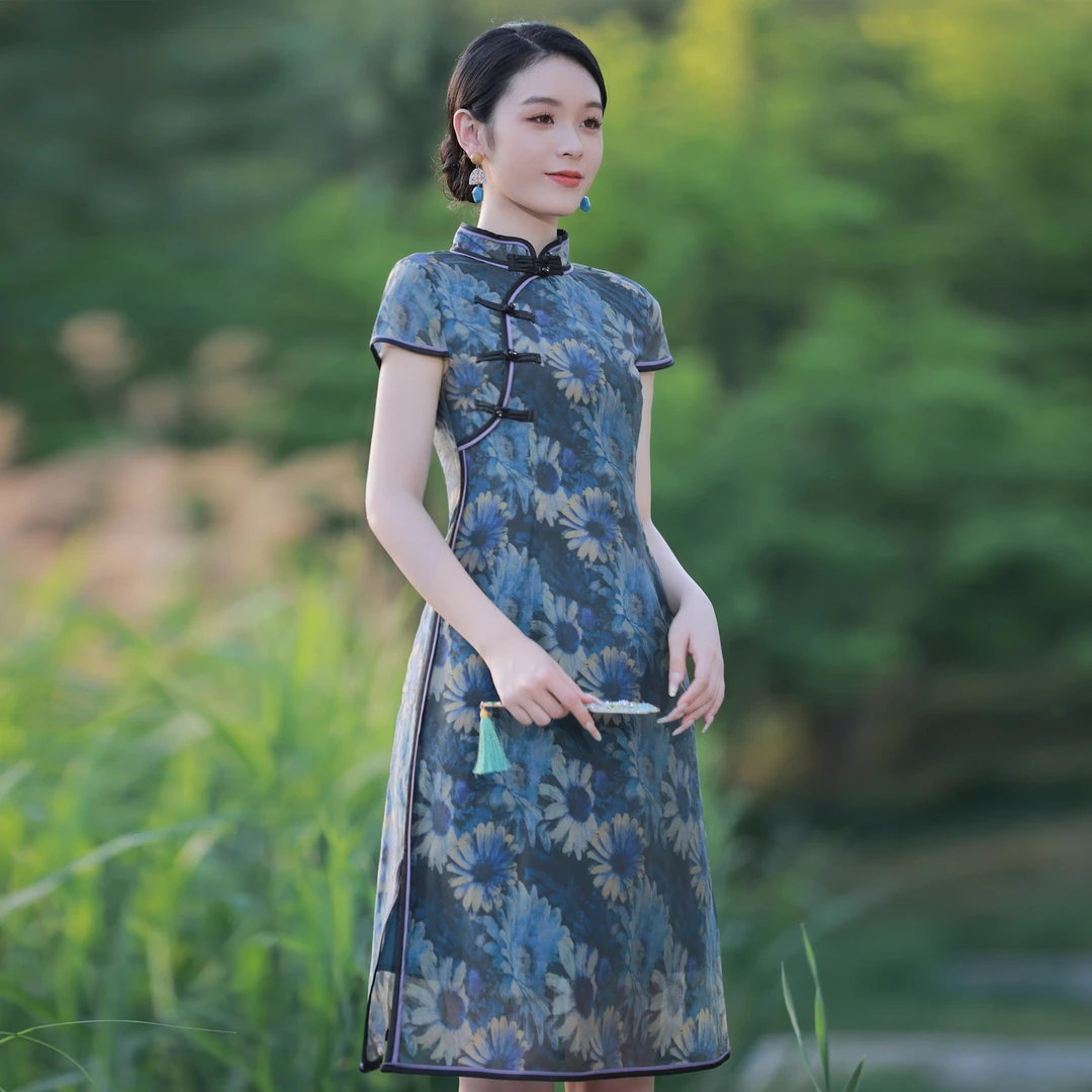 烟花烫国风改良旗袍夏季气质显瘦复古新中式中长款连衣裙 墨韵
