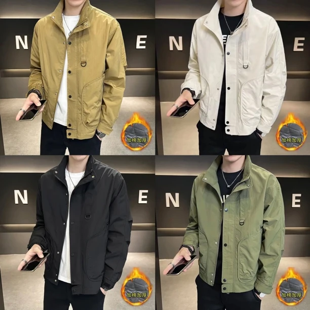 H78-1加棉款外穿男士立领工装夹克外套简约潮流短款韩版百搭休闲