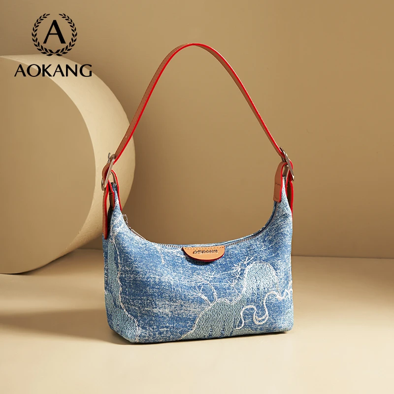 奥康新款腋下法棍包牛仔时尚休闲女士夏季小众印花单肩女包-3352