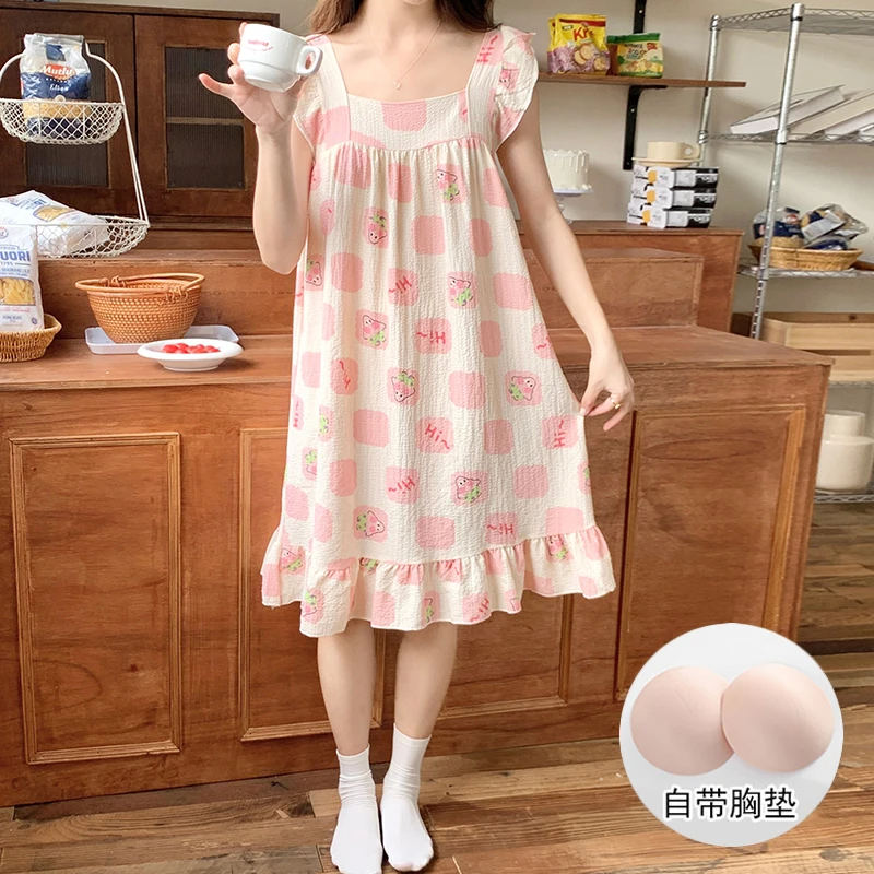 『Again』带胸垫睡衣女士夏季小飞袖绉布可爱睡裙宽松家居服派大星