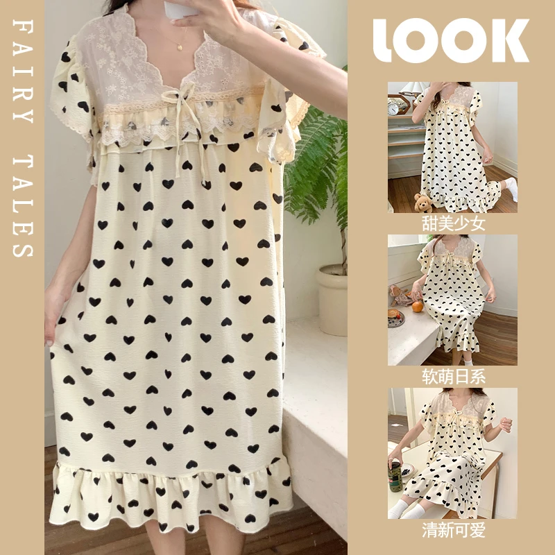 『Again』睡衣女夏季短袖睡裙绉布可爱性感小飞袖春秋家居服公主风