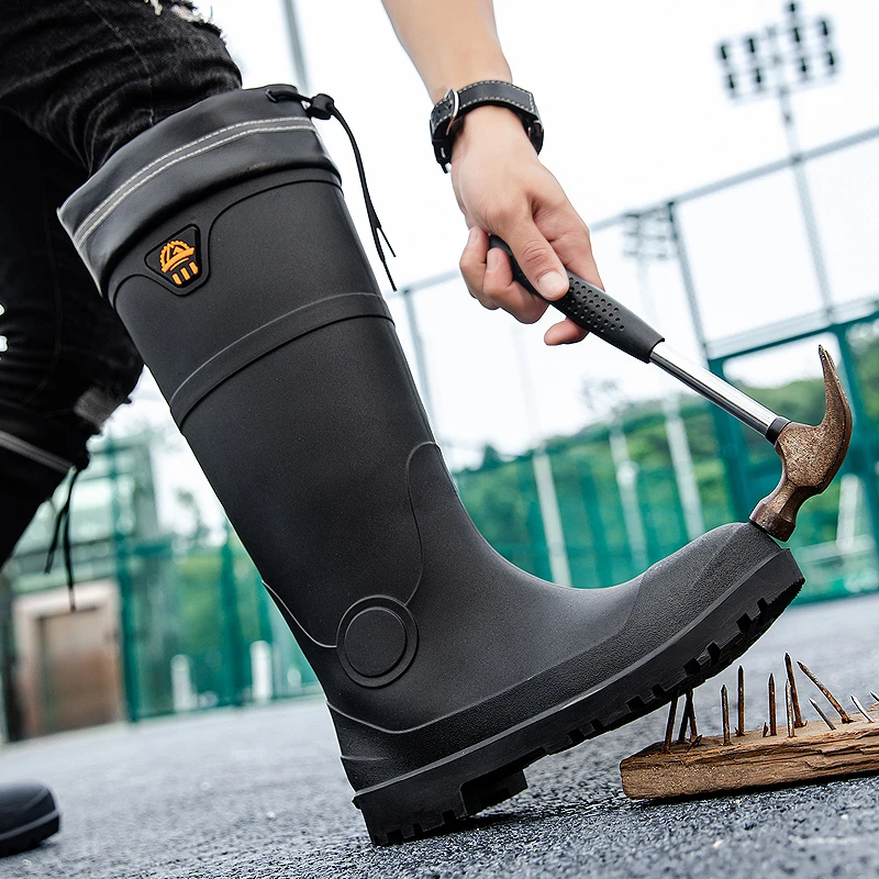 钢头钢底雨鞋男防滑耐磨防砸防刺高筒拉绳收束口水鞋工业劳保雨靴