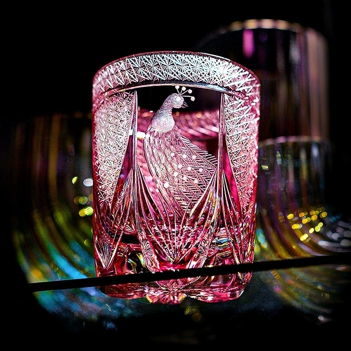 江户切子粉色孔雀水晶杯高档家用日式手工高颜值情侣主人杯创意杯