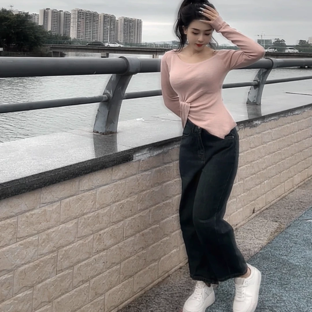 下摆不规则修身高腰长袖打底衫572