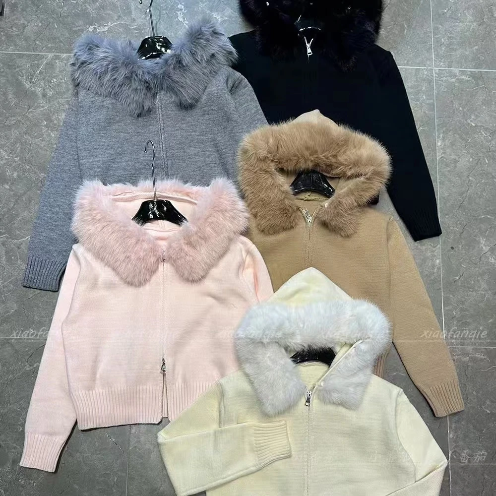 韩版连帽毛领可拆双拉链毛衣开衫上衣137