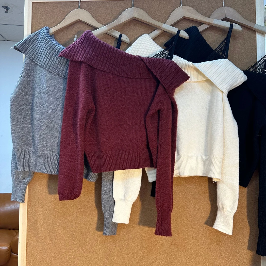 拼接蕾丝斜肩长袖上衣女装1291