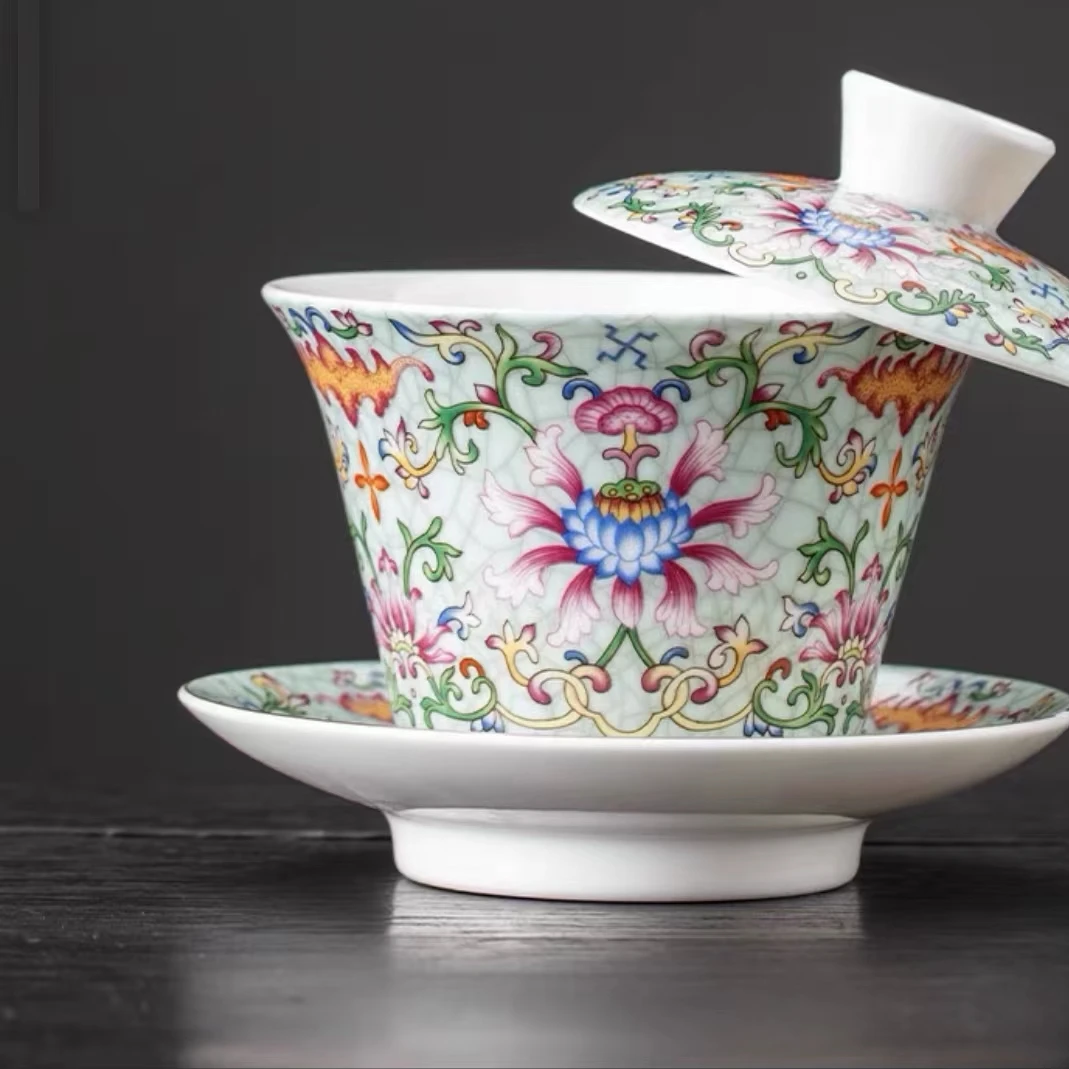 陶瓷高端缠枝莲绿色家用款悬停三才盖碗茶具茶器YY4868