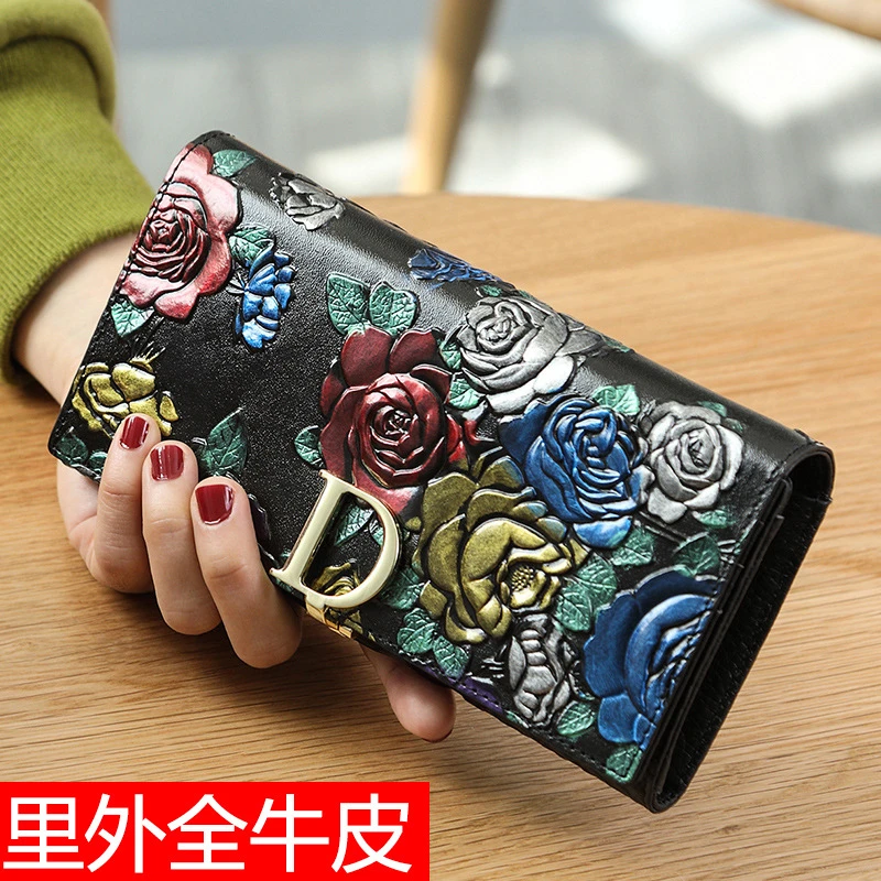 班亚奴2025新款女士钱包女长款D扣大容量个性彩绘女款牛皮钱夹潮