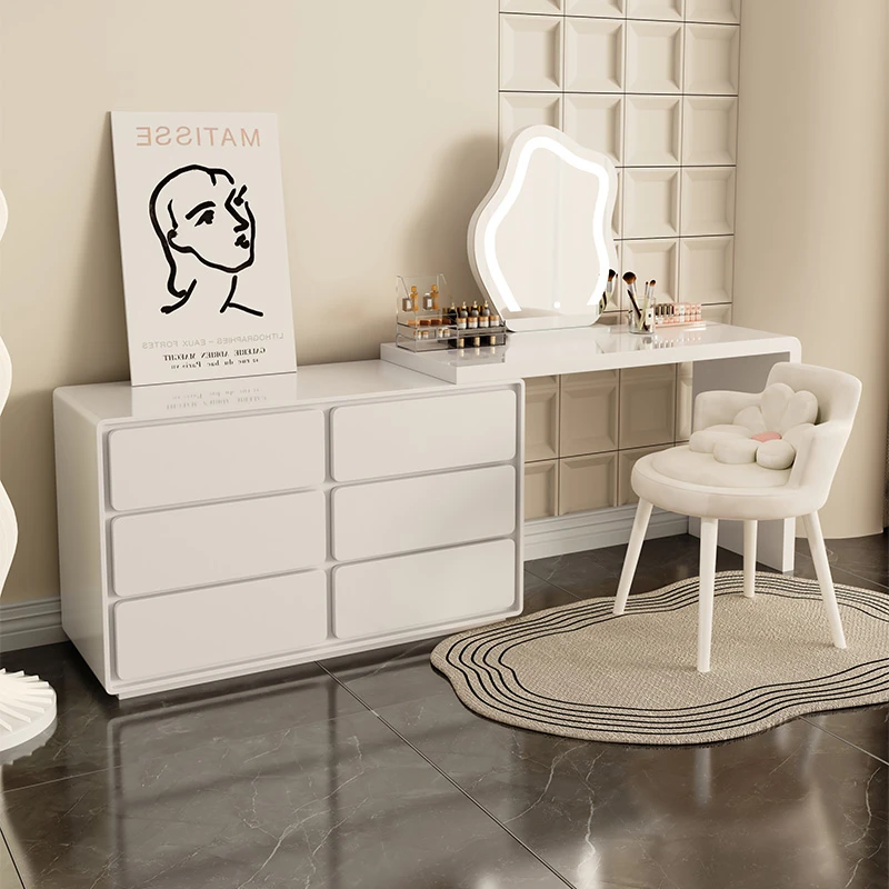 轻奢奶油风梳妆台收纳柜推拉现代梳妆台+云朵镜+花瓣椅