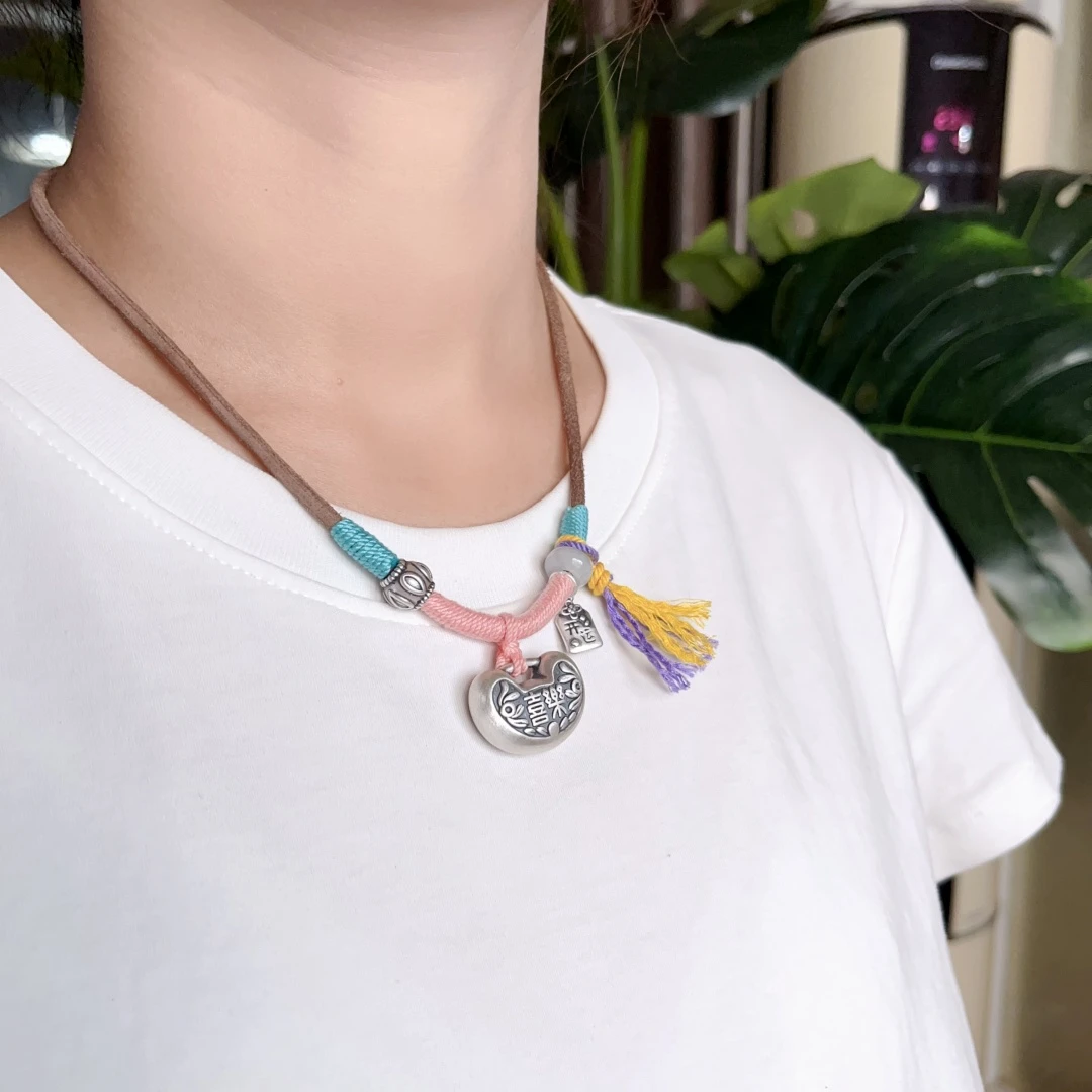 吊坠足银布艺 俏花溪原创【喜乐锁】足银999藏风diy个性项链复古女