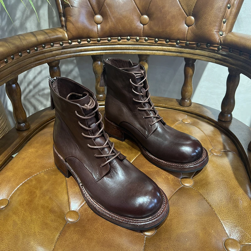 S26A170323洗水马皮系带女士短靴/后拉链