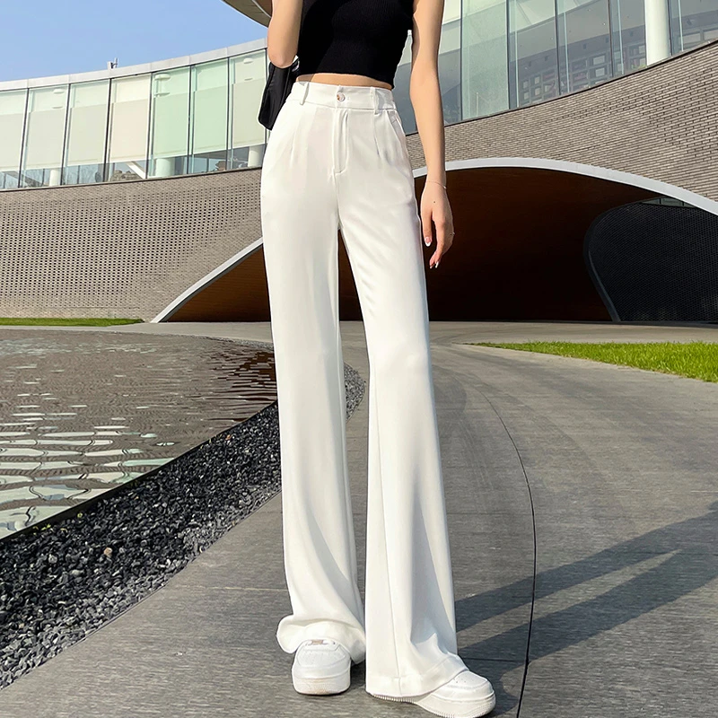 加长款高个子冰丝微喇裤女夏季2024新款裤子显瘦白色喇叭西装裤