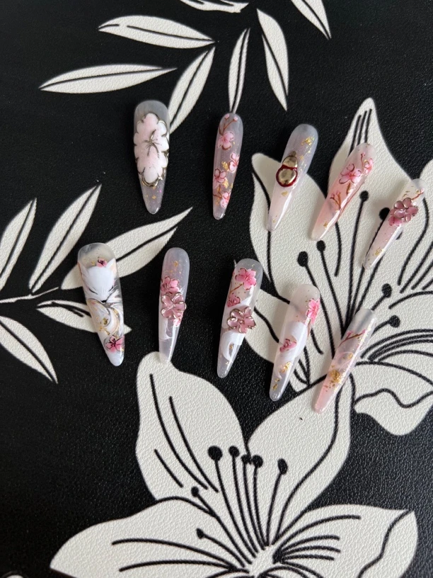 【桃花狐】手绘立体手捏花搭配手工穿戴甲