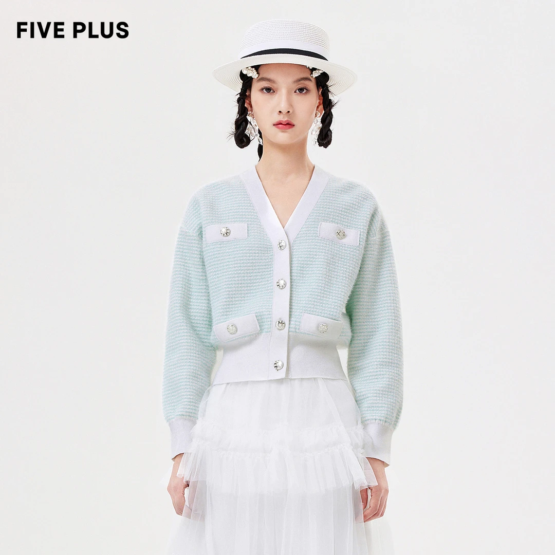 FIVE PLUS温柔系V领针织衫女长袖气质开衫上衣2WE3031370