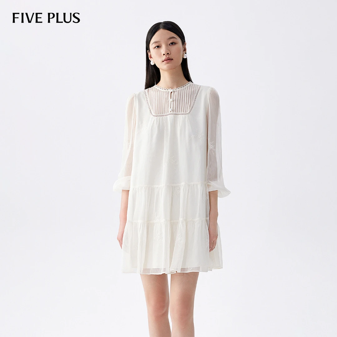 FIVE PLUS雪纺连衣裙女绣花宽松A字娃娃裙长袖气质2LE3080040