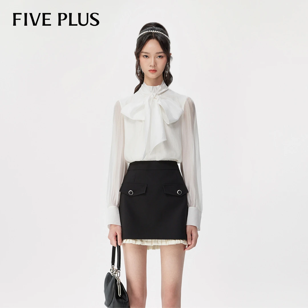 FIVE PLUS秋装法式系带衬衫女温柔气质泡泡袖宽松上衣2TD3012040