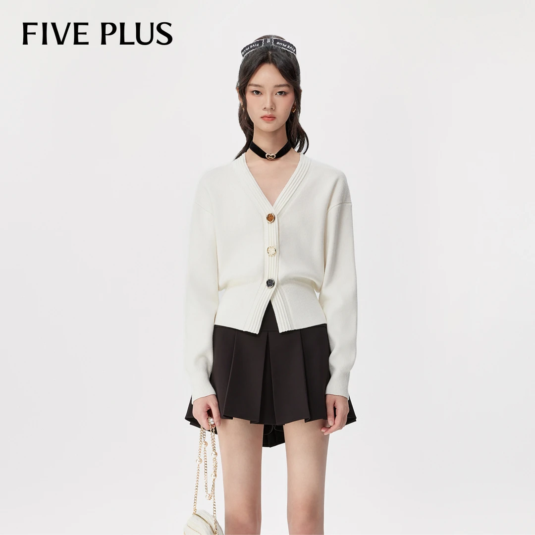 FIVE PLUS秋装气质V领针织衫女长袖法式小众单排扣开衫2TE3032710