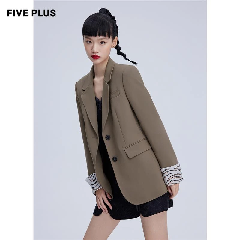 FIVE PLUS通勤西装女宽松虎纹刺绣外套bf休闲西服2WN1041280