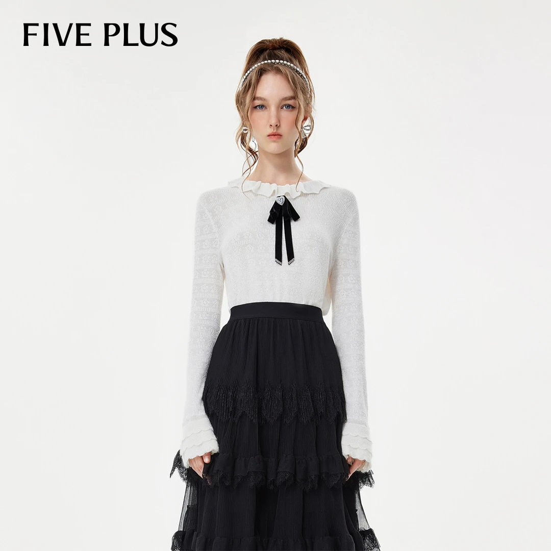 FIVE PLUS针织衫温柔打底荷叶领喇叭袖上衣2TN3035560