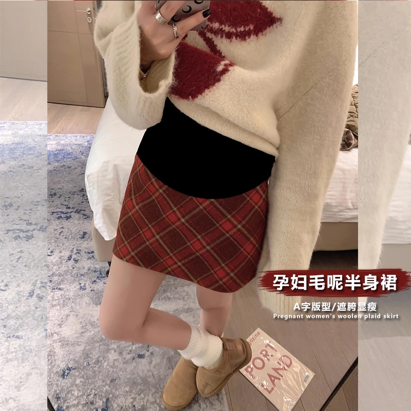 孕妇毛呢红格子包臀短裙秋冬外穿时尚格纹直筒A字包臀托腹半身裙