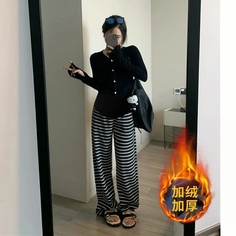 孕妇裤子春秋外穿条纹直筒阔腿裤秋冬加绒宽松垂感孕早期托腹长裤