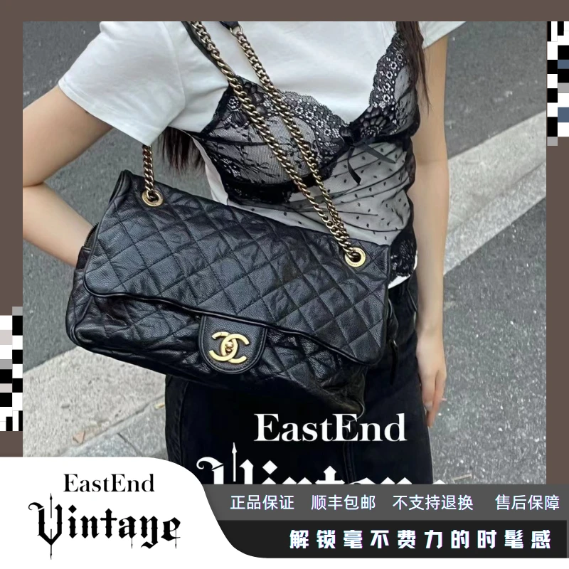95新 Chanel/香奈儿 東区-黑金褶皱机场16开单肩包/22616小众春夏