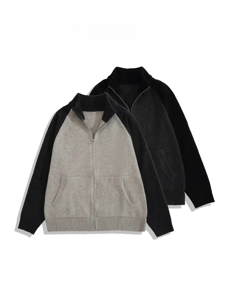 秋冬季拼色设计潮流慵懒风休闲宽松毛衣男重磅拉链针织开衫外套女