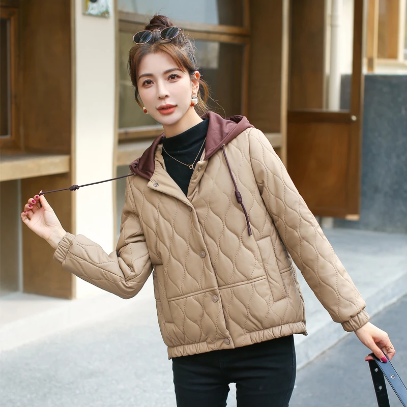 菱形格连帽短款外套免洗防污2024秋冬爆款小个子轻薄小棉服【2319】