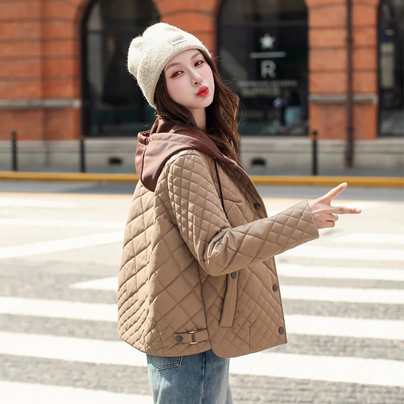 2024秋冬爆款菱形格连帽短款外套免洗防污小个子轻薄小棉袄【2316】
